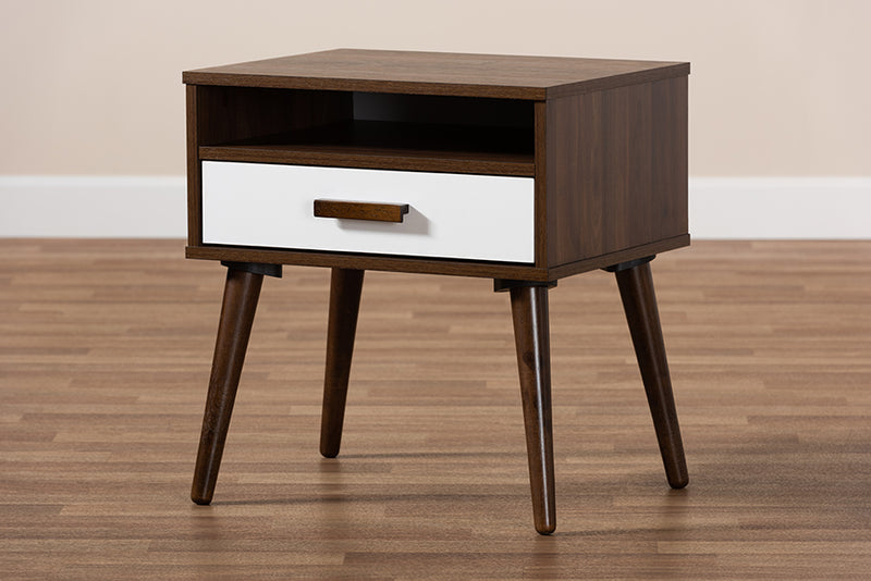 Rasa Mid-Century Modern Two-Tone White and Walnut Finished 1-Drawer Wood End Table