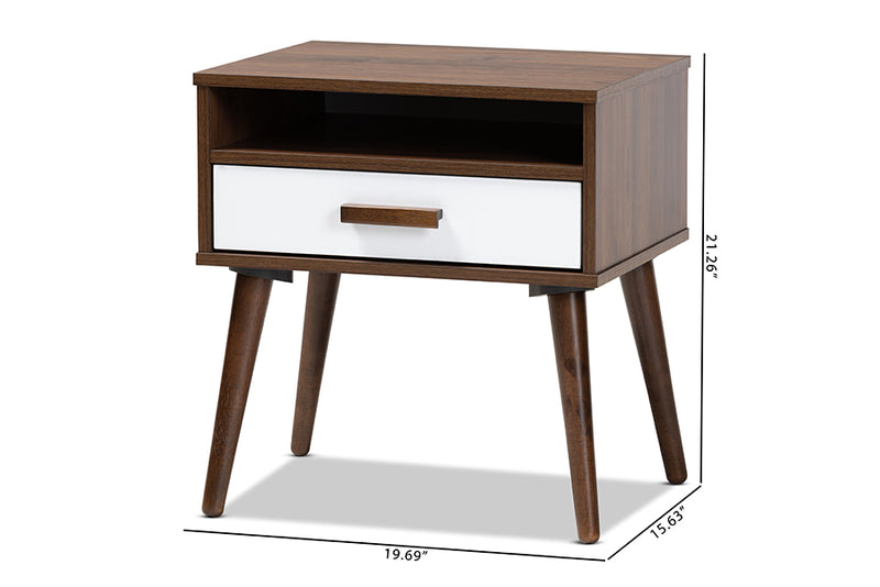 Rasa Mid-Century Modern Two-Tone White and Walnut Finished 1-Drawer Wood End Table