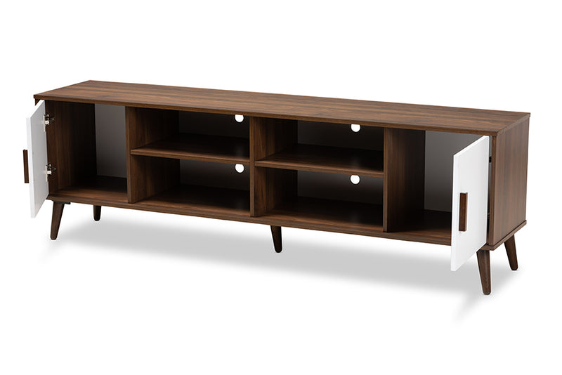 Rasa Mid-Century Modern Two-Tone White and Walnut Finished 2-Door Wood TV Stand