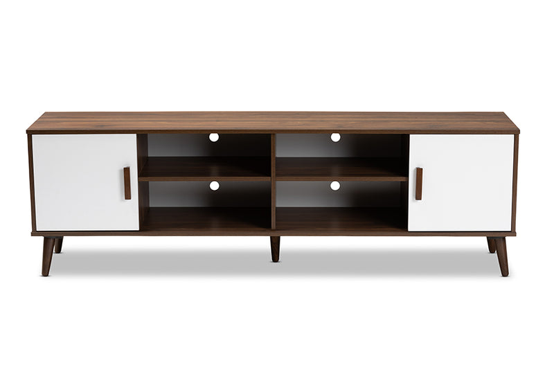 Rasa Mid-Century Modern Two-Tone White and Walnut Finished 2-Door Wood TV Stand