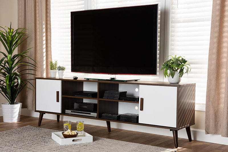 Rasa Mid-Century Modern Two-Tone White and Walnut Finished 2-Door Wood TV Stand