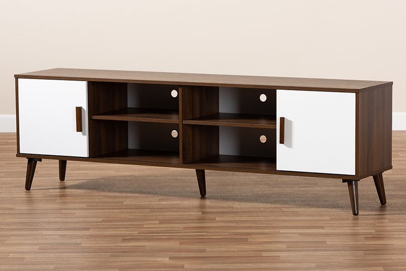 Rasa Mid-Century Modern Two-Tone White and Walnut Finished 2-Door Wood TV Stand