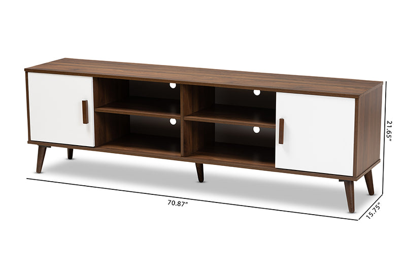 Rasa Mid-Century Modern Two-Tone White and Walnut Finished 2-Door Wood TV Stand