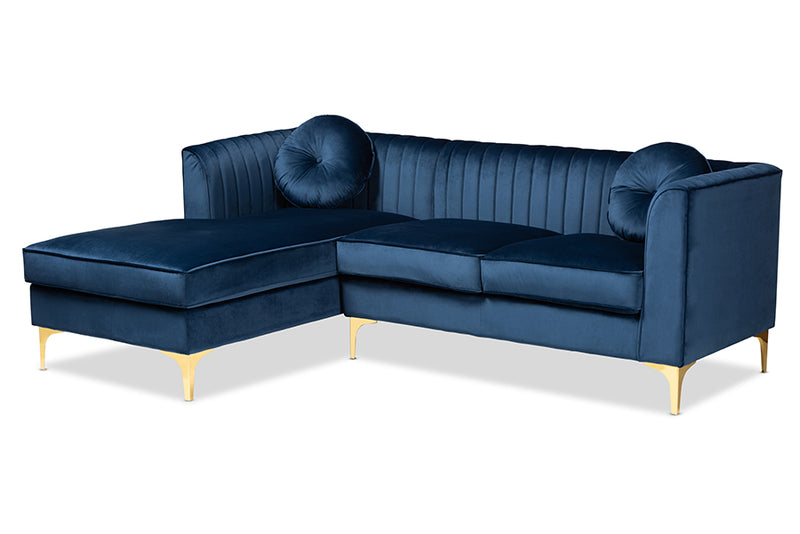 Shara Glam and Luxe Navy Blue Velvet Mirrored Gold Finished Left Facing Sectional Sofa w/Chaise