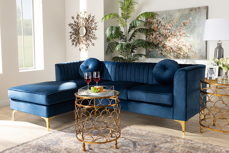 Shara Glam and Luxe Navy Blue Velvet Mirrored Gold Finished Left Facing Sectional Sofa w/Chaise