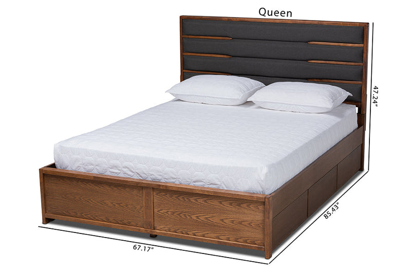 Naoki Dark Gray Fabric Walnut King Size Platform Storage Bed w/Six Drawers Baxton