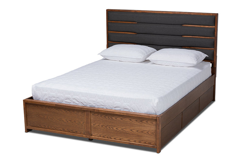 Naoki Dark Gray Fabric Walnut King Size Platform Storage Bed w/Six Drawers Baxton