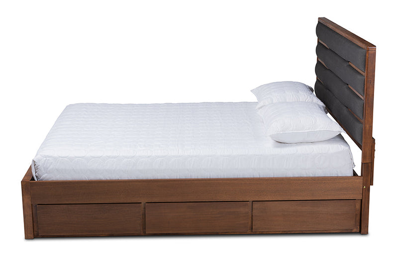 Naoki Dark Gray Fabric Upholstered Walnut Queen Storage Bed w/Six Drawers Baxton