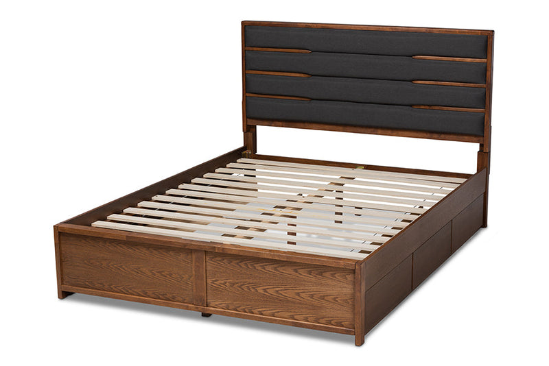 Naoki Dark Gray Fabric Walnut King Size Platform Storage Bed w/Six Drawers Baxton