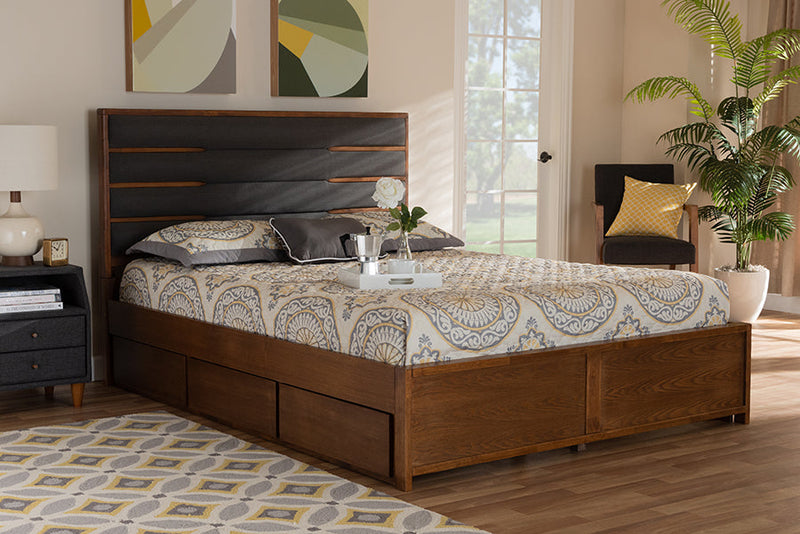 Naoki Dark Gray Fabric Walnut King Size Platform Storage Bed w/Six Drawers Baxton