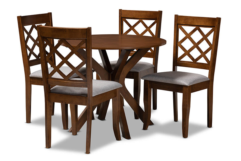 Addison Gray Fabric Upholstered and Walnut Brown 5-Piece Dining Set Baxton