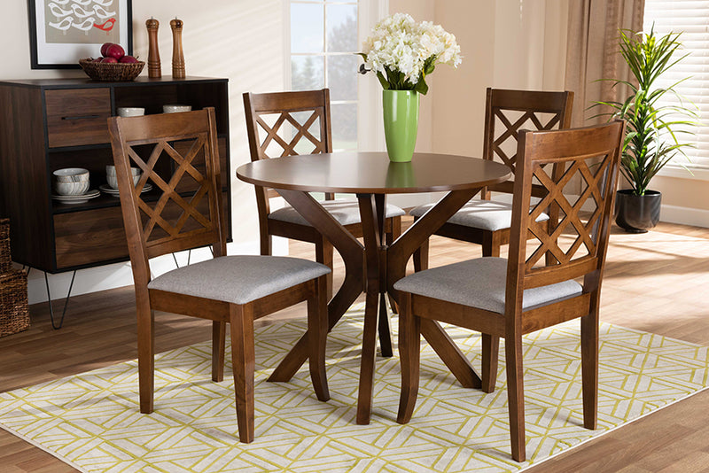 Addison Modern and Contemporary Gray Fabric Upholstered and Walnut Brown Finished Wood 5-Piece Dining Set