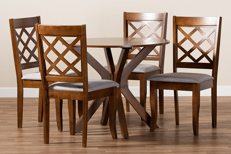 Addison Gray Fabric Upholstered and Walnut Brown 5-Piece Dining Set Baxton