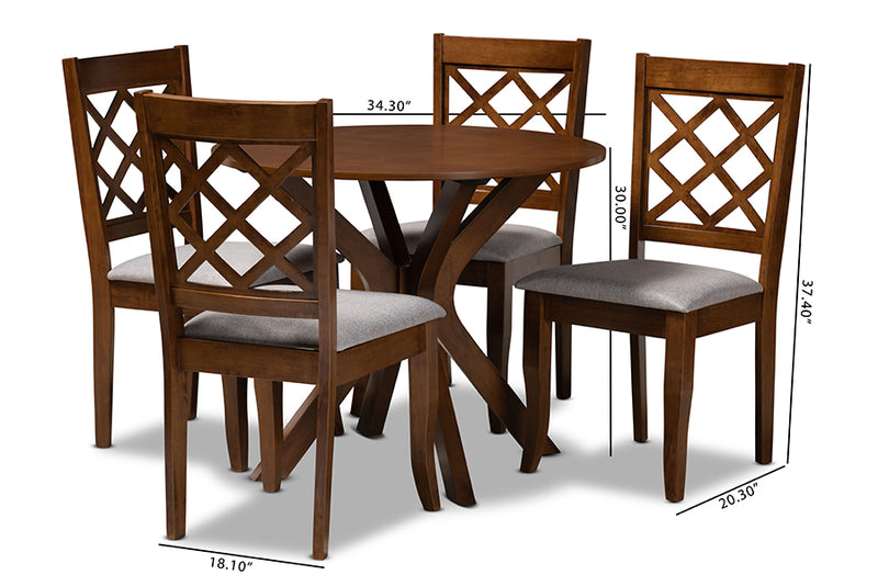 Addison Modern and Contemporary Gray Fabric Upholstered and Walnut Brown Finished Wood 5-Piece Dining Set