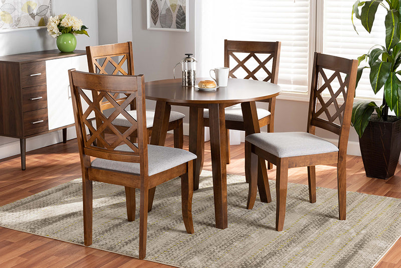 Cady Modern and Contemporary Gray Fabric Upholstered and Walnut Brown Finished Wood 5-Piece Dining Set