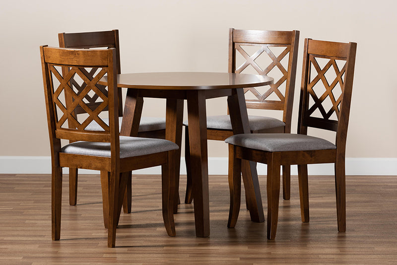 Cady Modern and Contemporary Gray Fabric Upholstered and Walnut Brown Finished Wood 5-Piece Dining Set