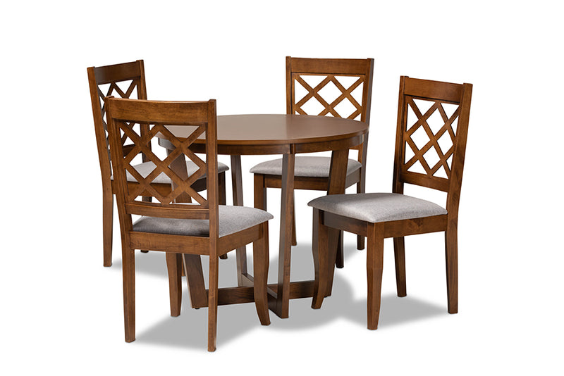 Sakina Modern and Contemporary Gray Fabric Upholstered and Walnut Brown Finished Wood 5-Piece Dining Set