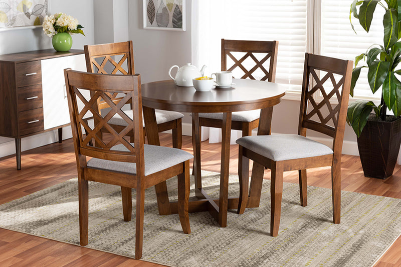 Sakina Modern and Contemporary Gray Fabric Upholstered and Walnut Brown Finished Wood 5-Piece Dining Set