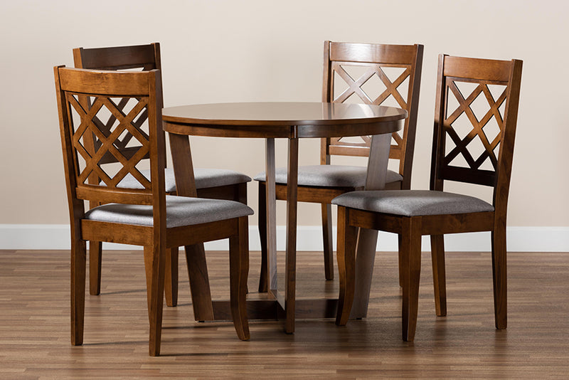 Sakina Modern and Contemporary Gray Fabric Upholstered and Walnut Brown Finished Wood 5-Piece Dining Set