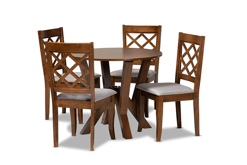 Esti Gray Fabric Upholstered and Walnut Brown 5-Piece Dining Set Baxton