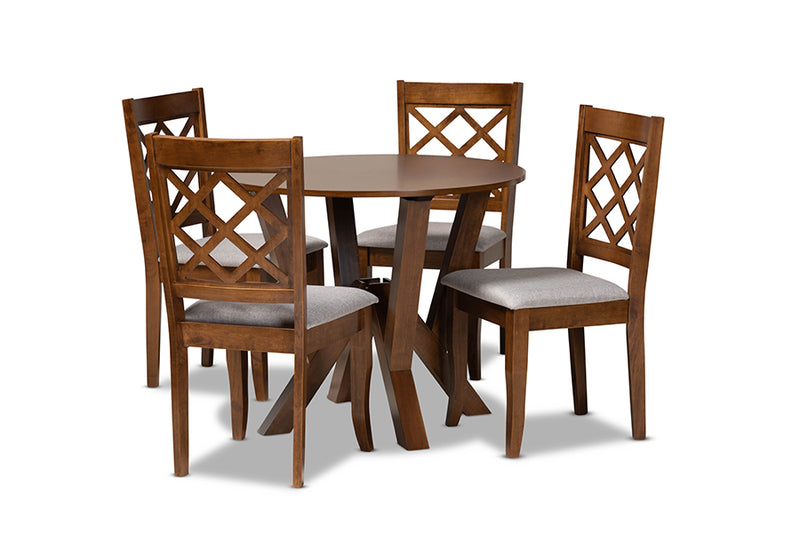 Esti Modern and Contemporary Gray Fabric Upholstered and Walnut Brown Finished Wood 5-Piece Dining Set