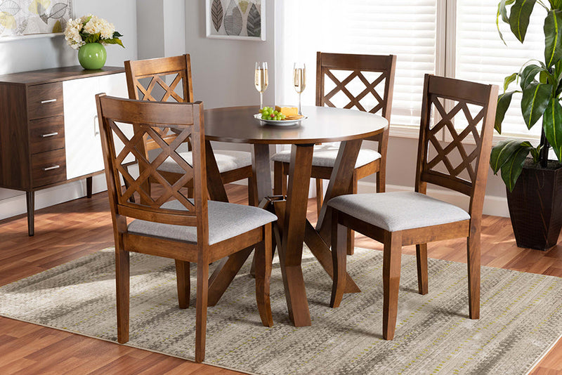 Esti Gray Fabric Upholstered and Walnut Brown 5-Piece Dining Set Baxton