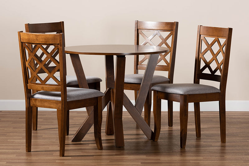 Esti Modern and Contemporary Gray Fabric Upholstered and Walnut Brown Finished Wood 5-Piece Dining Set