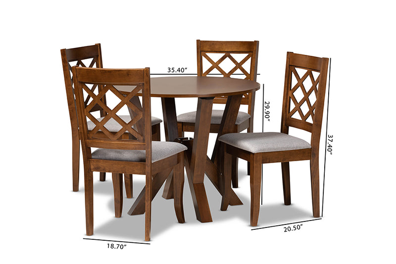 Esti Modern and Contemporary Gray Fabric Upholstered and Walnut Brown Finished Wood 5-Piece Dining Set