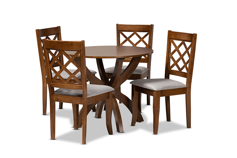 Zaila Modern and Contemporary Gray Fabric Upholstered and Walnut Brown Finished Wood 5-Piece Dining Set