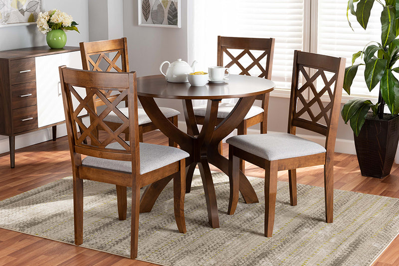 Zaila Modern and Contemporary Gray Fabric Upholstered and Walnut Brown Finished Wood 5-Piece Dining Set