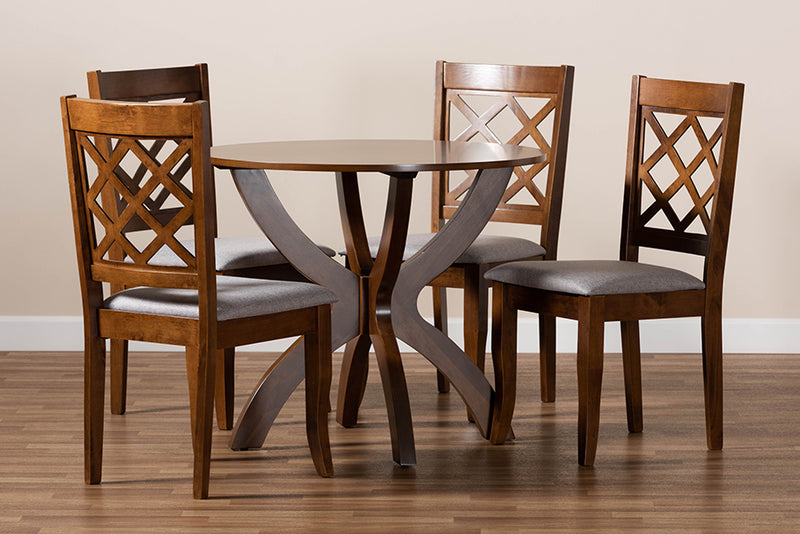 Zaila Modern and Contemporary Gray Fabric Upholstered and Walnut Brown Finished Wood 5-Piece Dining Set