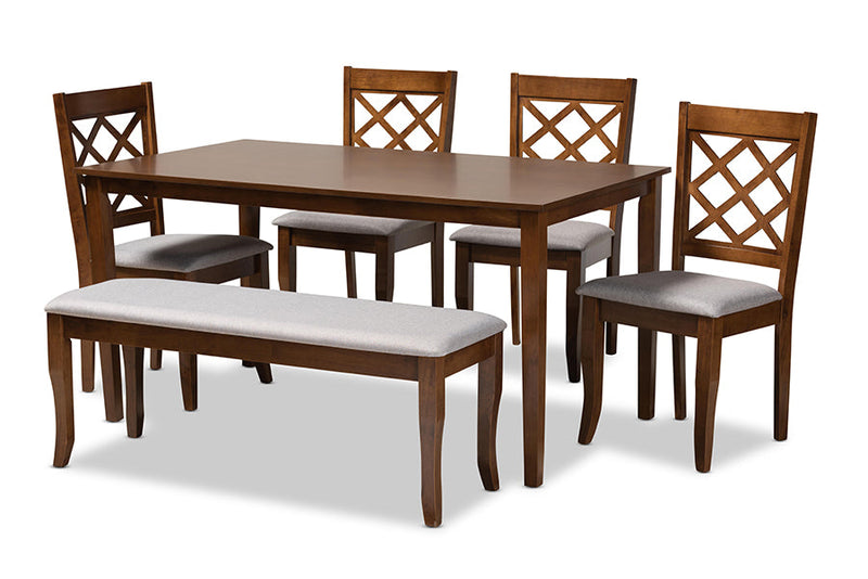Gabrielle Gray Fabric Upholstered and Walnut Brown 6-Piece Dining Set Baxton