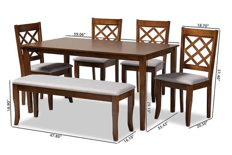 Gabrielle Modern and Contemporary Gray Fabric Upholstered and Walnut Brown Finished Wood 6-Piece Dining Set