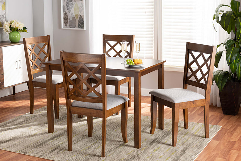 Rio Modern and Contemporary Gray Fabric Upholstered and Walnut Brown Finished Wood 5-Piece Dining Set