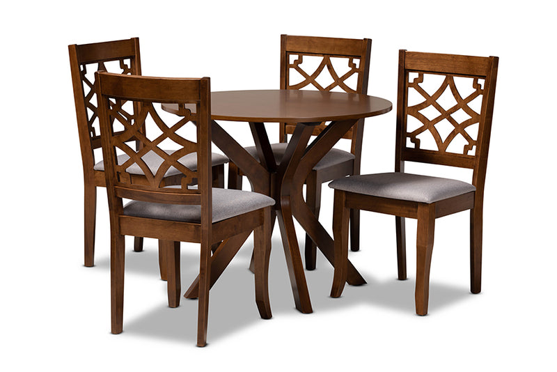 Ryan Modern and Contemporary Gray Fabric Upholstered and Walnut Brown Finished Wood 5-Piece Dining Set