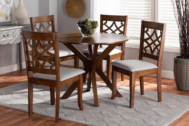 Ryan Modern and Contemporary Gray Fabric Upholstered and Walnut Brown Finished Wood 5-Piece Dining Set