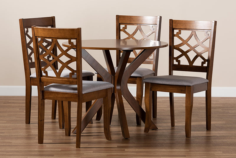 Ryan Modern and Contemporary Gray Fabric Upholstered and Walnut Brown Finished Wood 5-Piece Dining Set