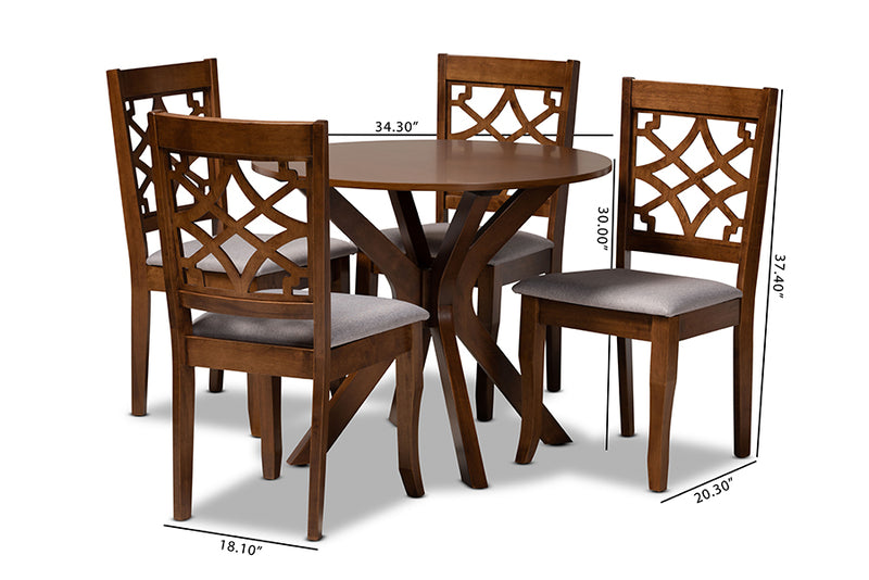 Ryan Modern and Contemporary Gray Fabric Upholstered and Walnut Brown Finished Wood 5-Piece Dining Set