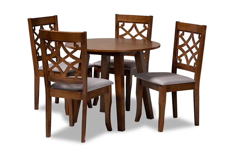 Amandine Gray Fabric Upholstered and Walnut Brown 5-Piece Dining Set Baxton