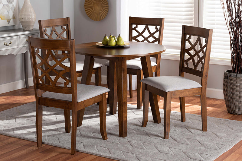 Amandine Modern and Contemporary Gray Fabric Upholstered and Walnut Brown Finished Wood 5-Piece Dining Set