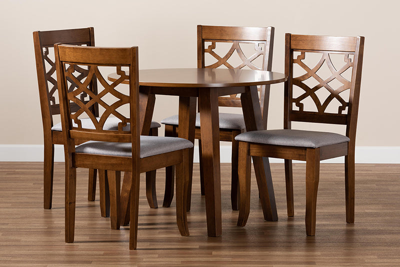 Amandine Modern and Contemporary Gray Fabric Upholstered and Walnut Brown Finished Wood 5-Piece Dining Set