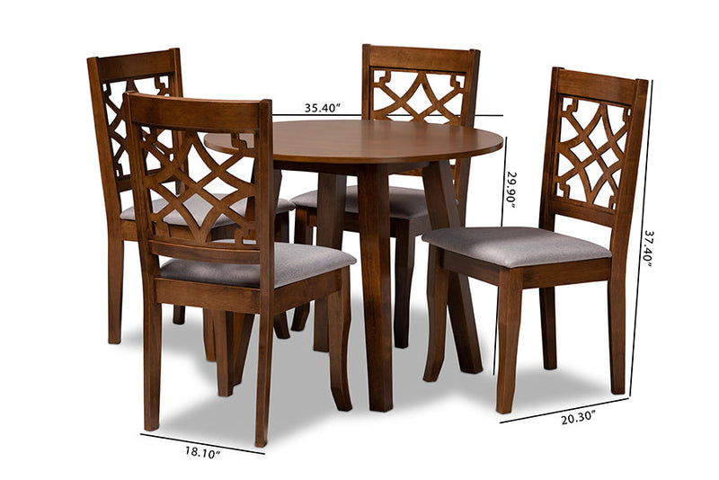 Amandine Gray Fabric Upholstered and Walnut Brown 5-Piece Dining Set Baxton