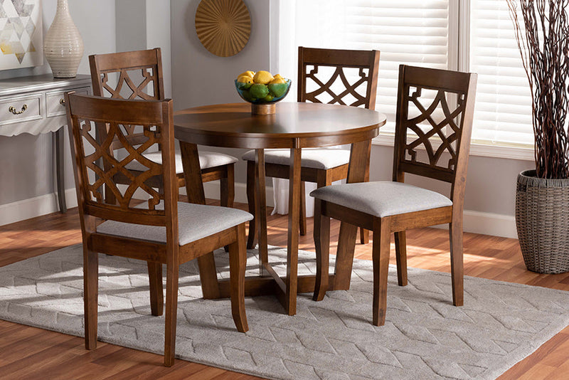 Ainsley Gray Fabric Upholstered and Walnut Brown 5-Piece Dining Set Baxton