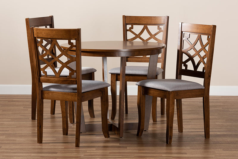 Ainsley Modern and Contemporary Gray Fabric Upholstered and Walnut Brown Finished Wood 5-Piece Dining Set