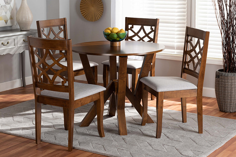 Tova Modern and Contemporary Gray Fabric Upholstered and Walnut Brown Finished Wood 5-Piece Dining Set