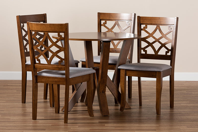 Tova Modern and Contemporary Gray Fabric Upholstered and Walnut Brown Finished Wood 5-Piece Dining Set