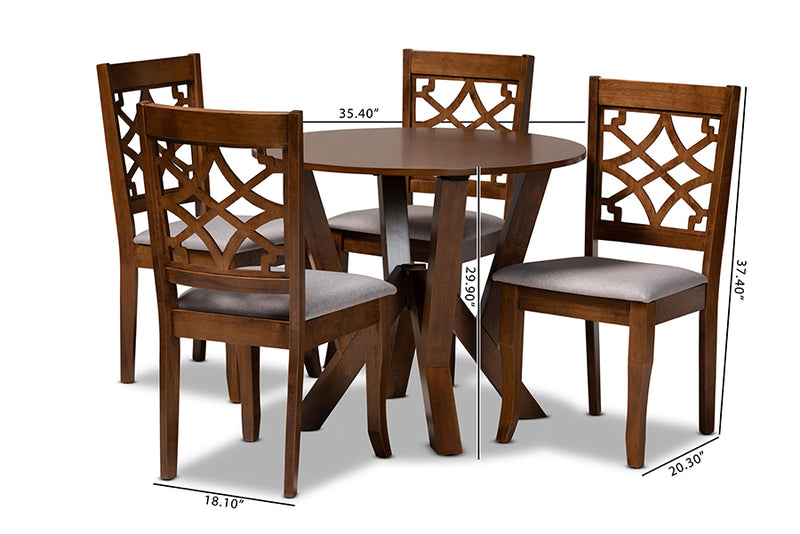 Tova Modern and Contemporary Gray Fabric Upholstered and Walnut Brown Finished Wood 5-Piece Dining Set