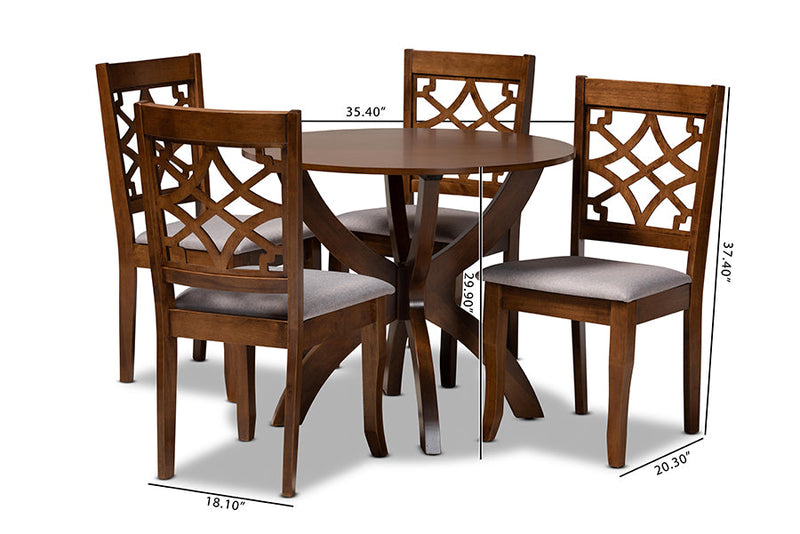 Brava Gray Fabric Upholstered and Walnut Brown 5-Piece Dining Set Baxton