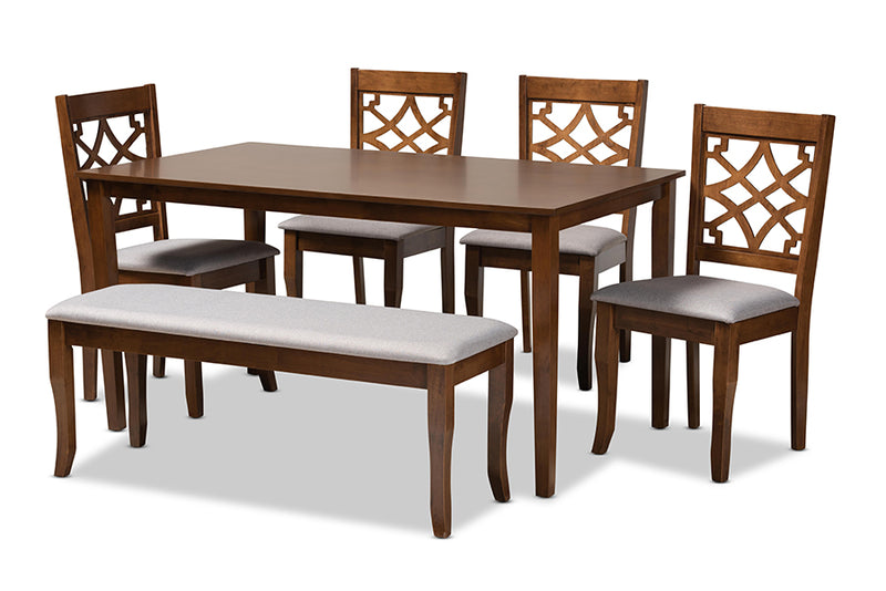 Denmark Modern and Contemporary Gray Fabric Upholstered and Walnut Brown Finished Wood 6-Piece Dining Set