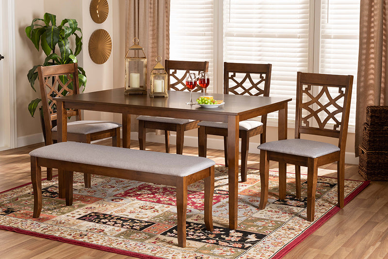 Denmark Modern and Contemporary Gray Fabric Upholstered and Walnut Brown Finished Wood 6-Piece Dining Set